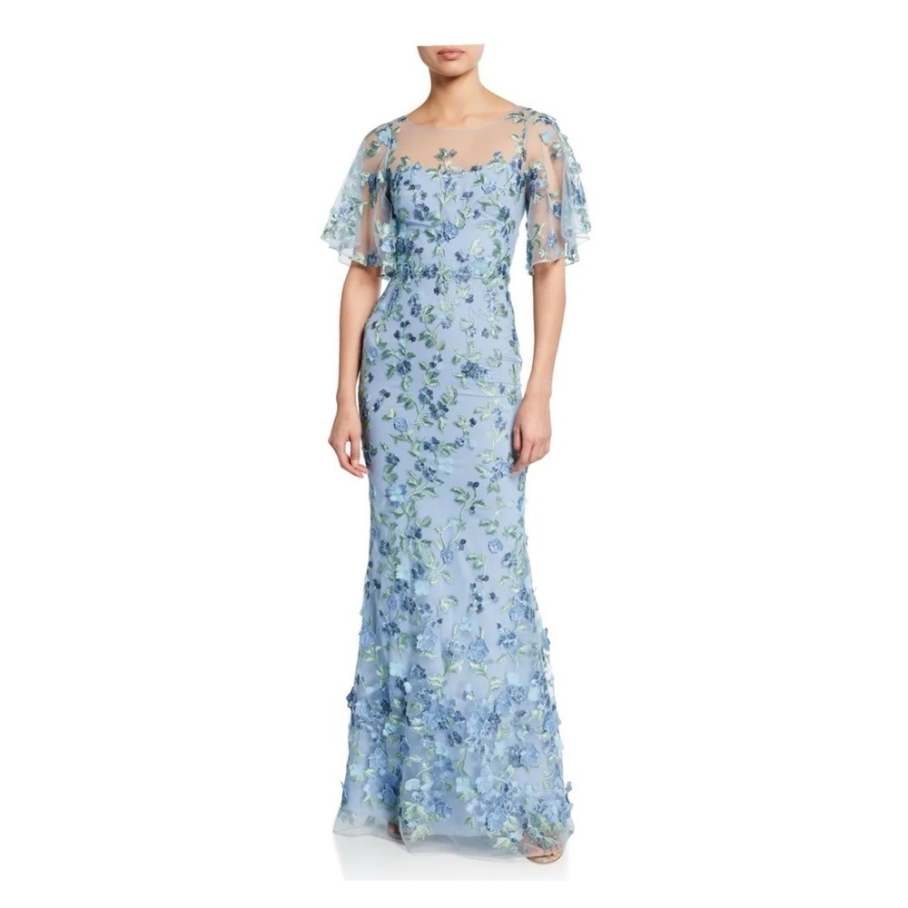 Marchesa Notte Blue Gown Floral 2 Formal Evening Wedding Guest Embroidered 🟡